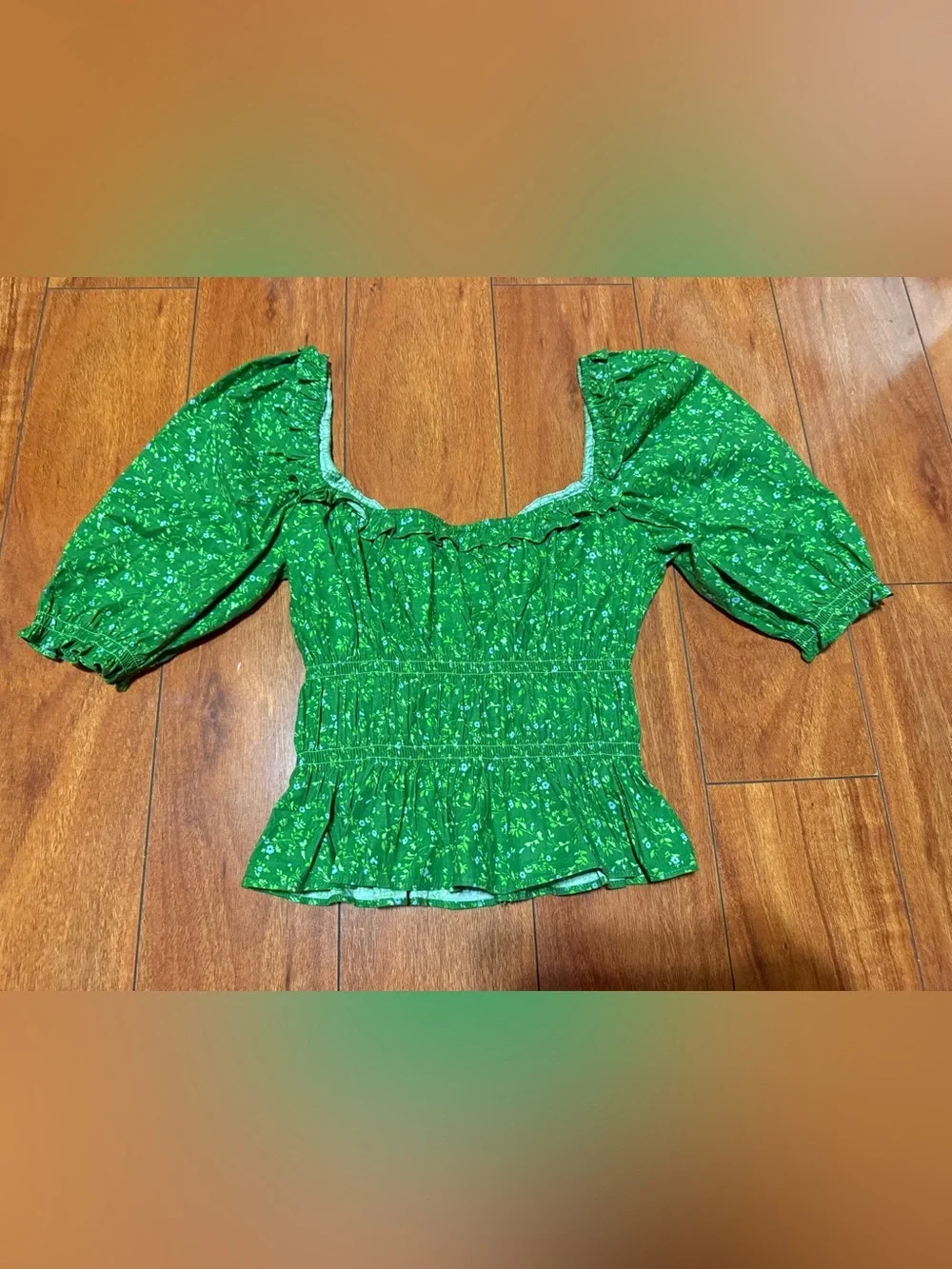Reformation Bright Green Floral Smocked Peplum Blouse